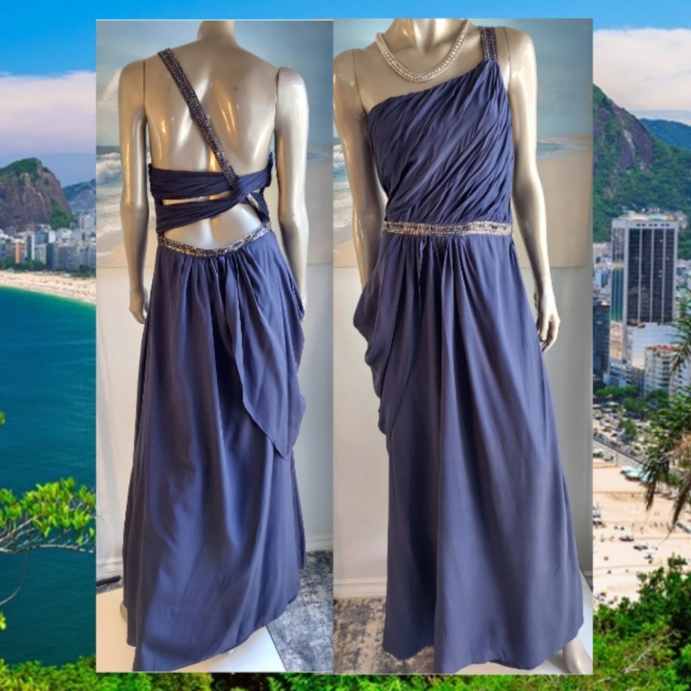 $1,400 CARLOS MIELE BLUE CRYSTAL BEAD SILK RUNWAY GOWN US M L